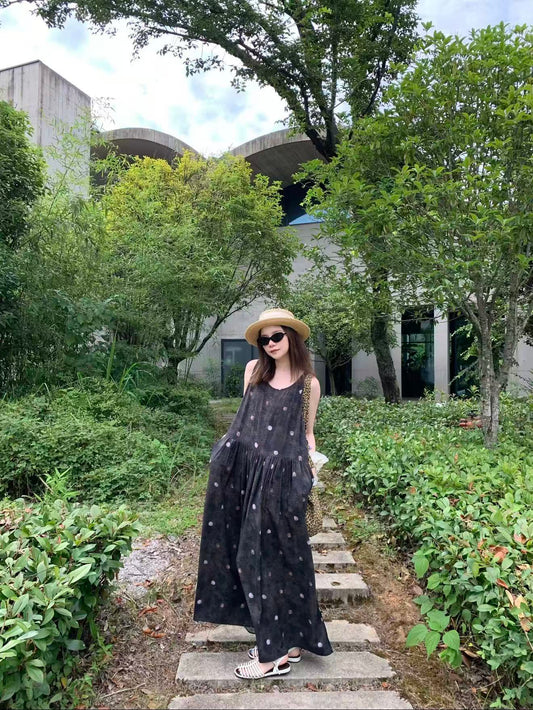 Faux‑Denim Texture Sleeveless Maxi Dress With Side Pockets, Loose Casual Dress