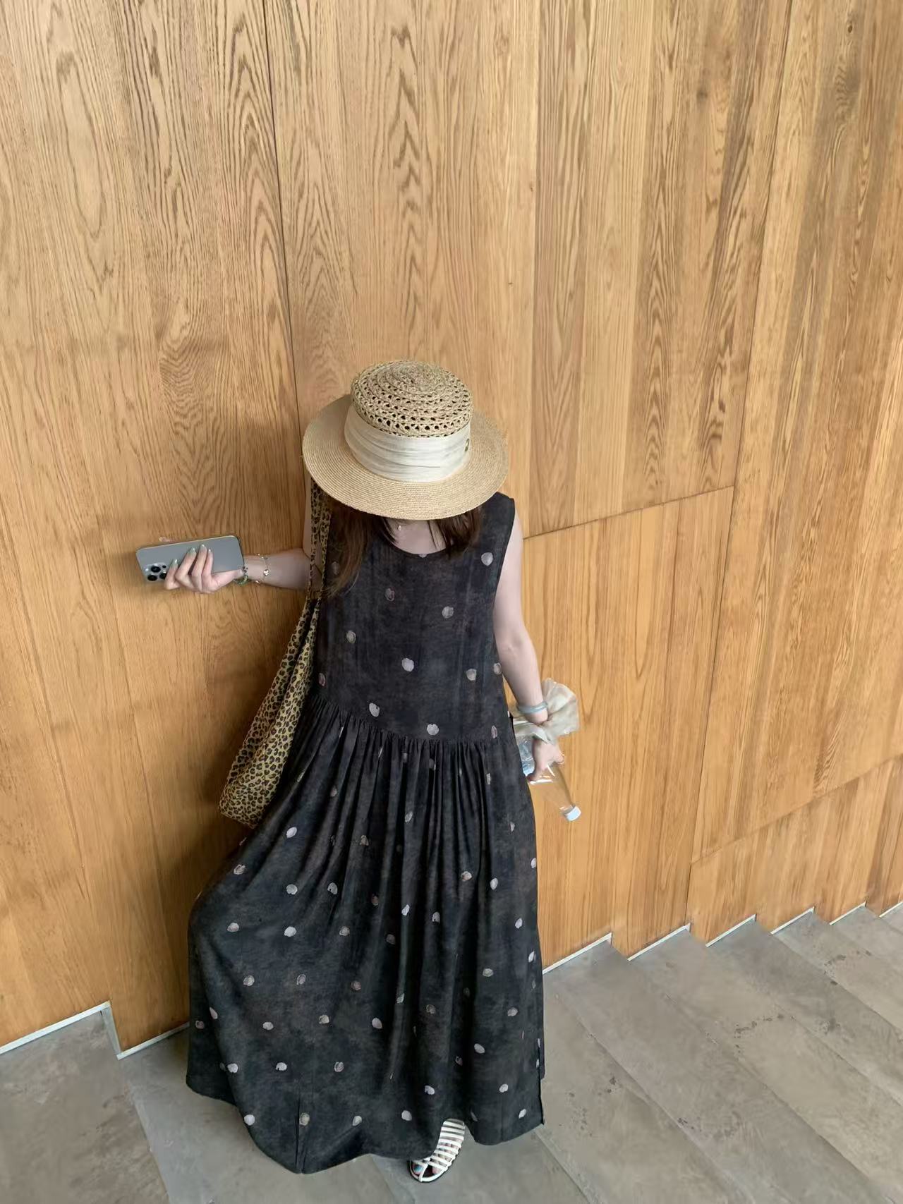 Faux‑Denim Texture Sleeveless Maxi Dress With Side Pockets, Loose Casual Dress