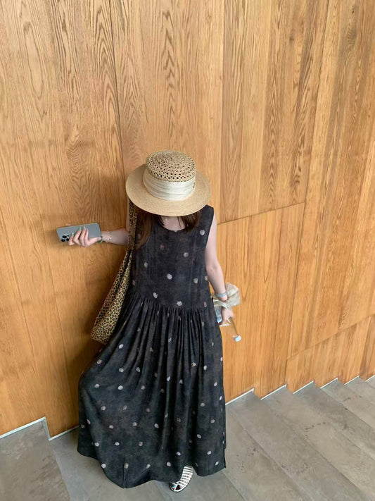 Faux‑Denim Texture Sleeveless Maxi Dress With Side Pockets, Loose Casual Dress